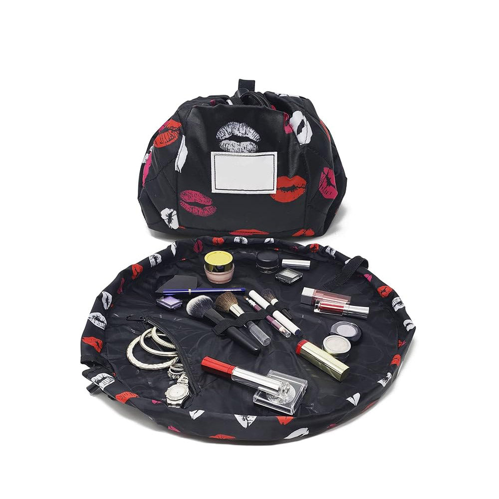 Layflat Drawstring Cosmetic & Makeup Organizer — 16-Inch Multi-Layer Portable Travel Toiletry Bag (Machine Washable)