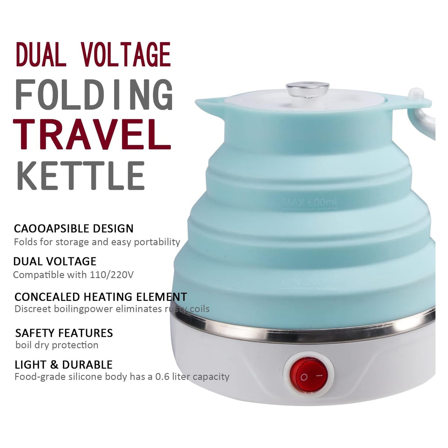 Travel Folding Electric Kettle - Foldable Food-Grade Silicone Mini Kettle, Dual Voltage