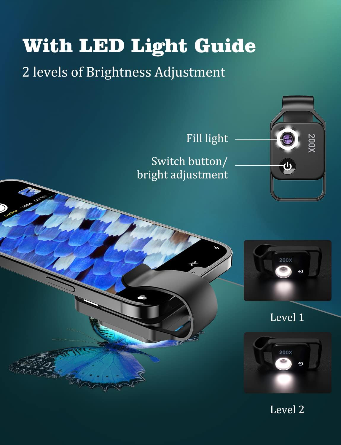 Mobile phone microscope, equipped with CPL lens and LED light