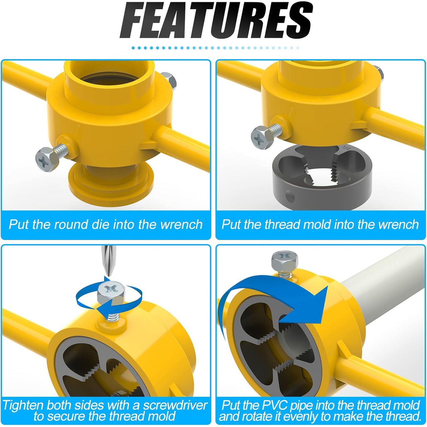 PVC Threading Tool Set | Pipe Threading Kit with 3 Molds (1/2", 3/4", 1")
