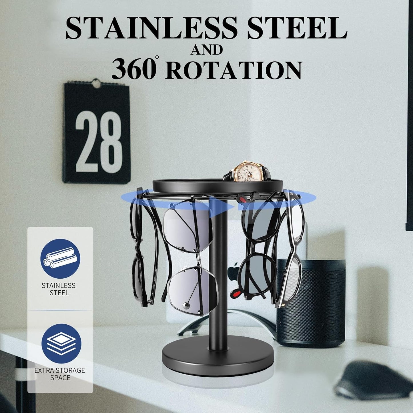 360° Rotating Sunglasses Organizer – Stainless Steel Glasses Stand with Tray
