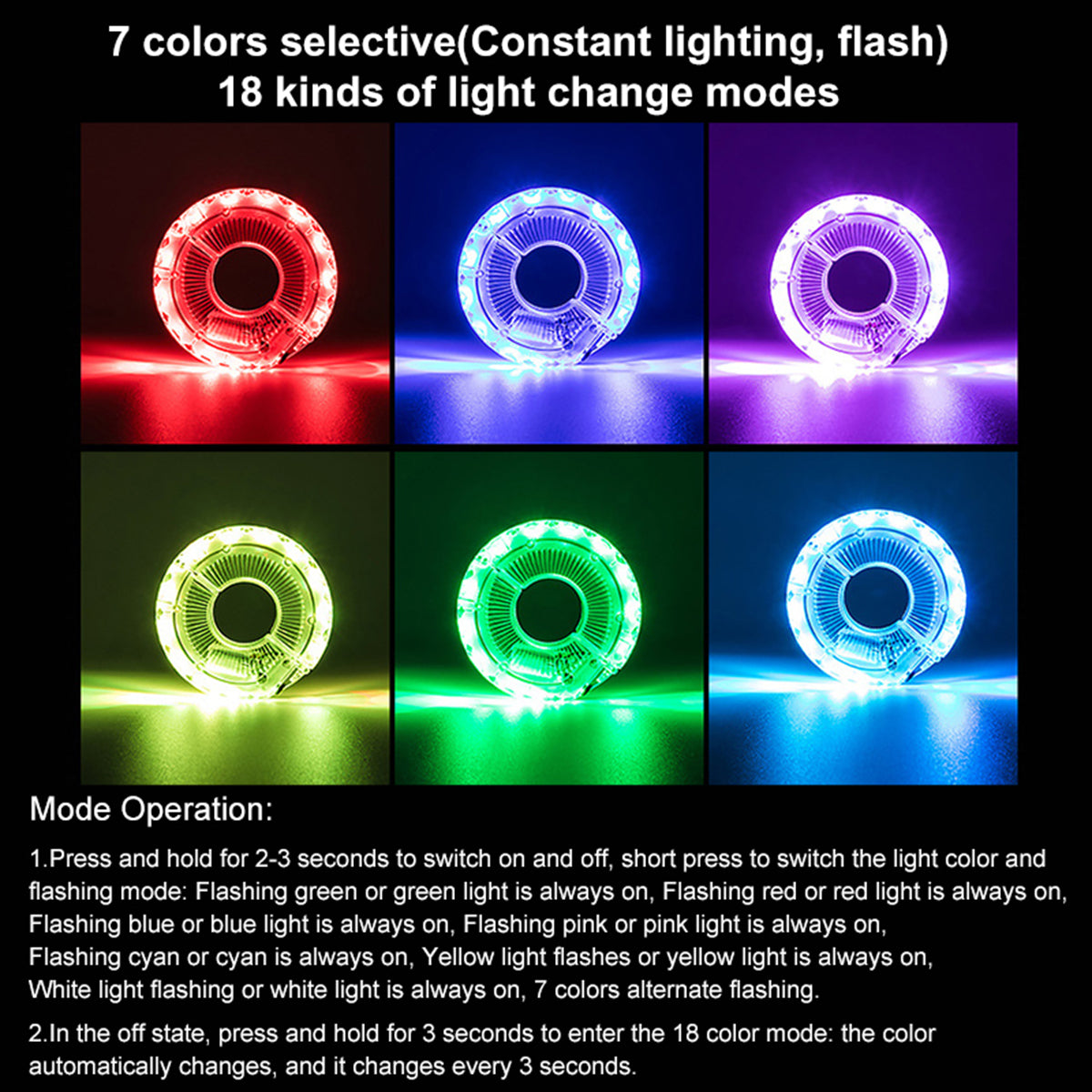 USB Rechargeable Bike Hub Light – 18 Modes, 7-Color Waterproof LED Wheel Light