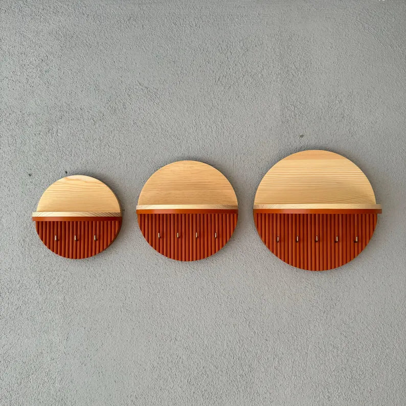 Wall-Mounted Key Rack - Wooden Storage Rack with Shelves & Hooks