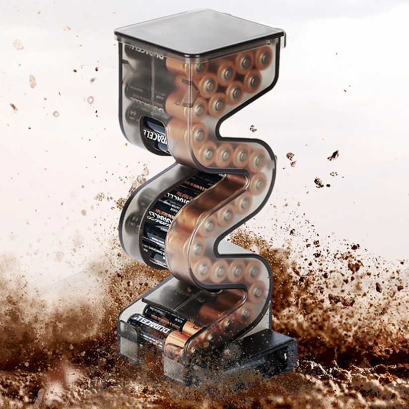 Magnetic battery tester and storage case suitable for AA and AAA batteries.