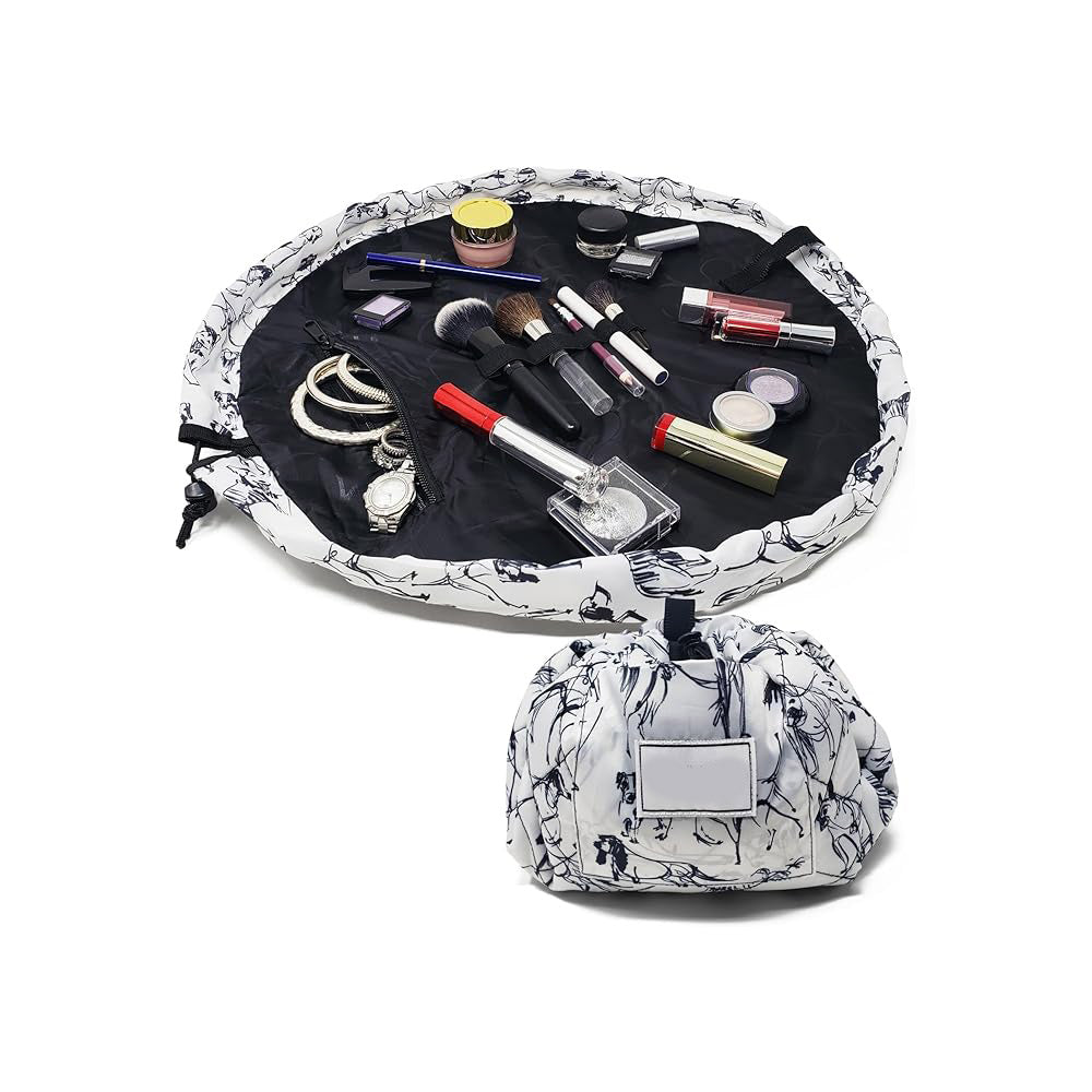 Layflat Drawstring Cosmetic &amp; Makeup Organizer — 16-Inch Multi-Layer Portable Travel Toiletry Bag (Machine Washable)