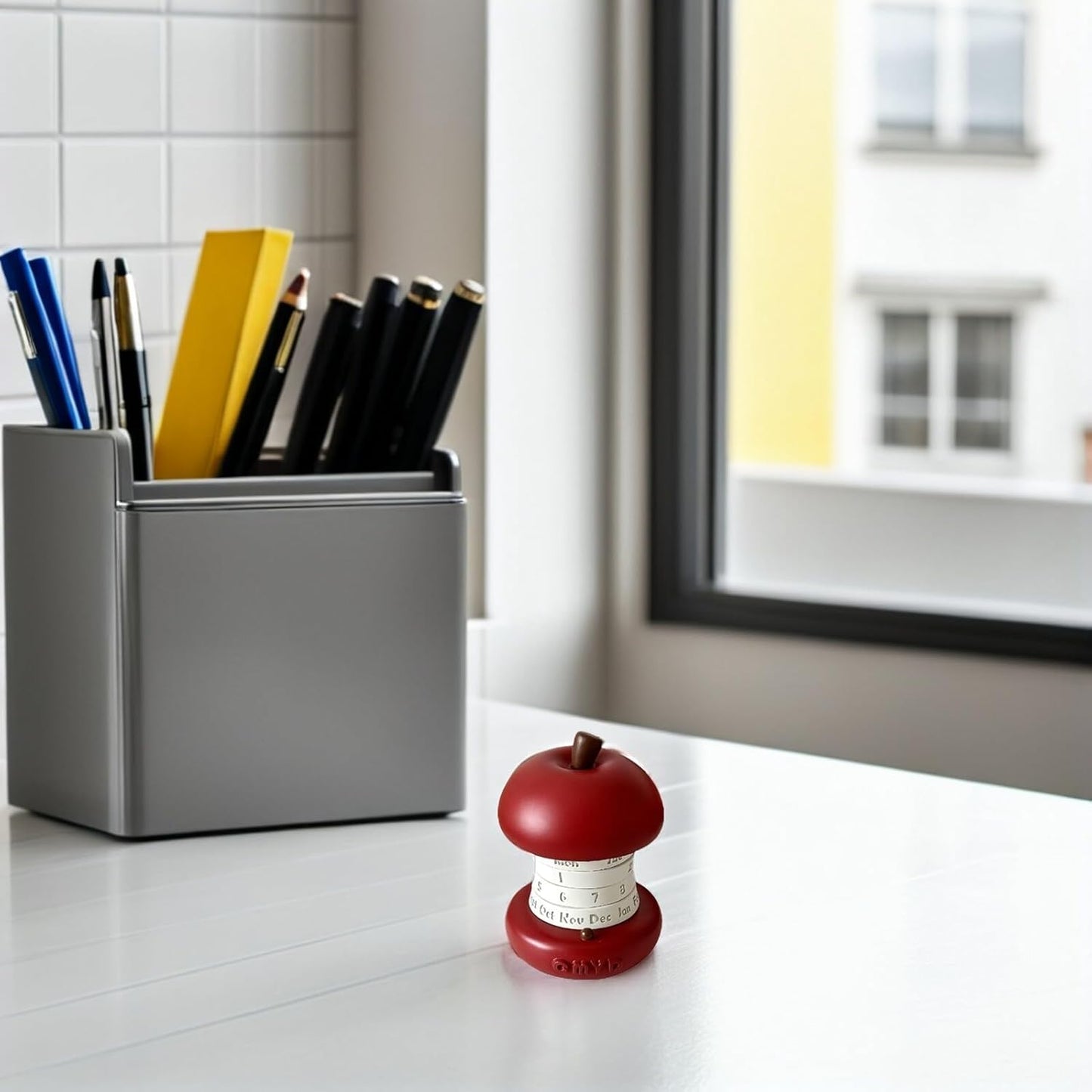 Apple-Shaped Rotating Calendar — Resin Continuous Weekly Desk Decor (Red)