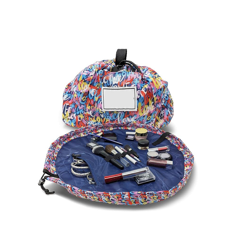 Layflat Drawstring Cosmetic &amp; Makeup Organizer — 16-Inch Multi-Layer Portable Travel Toiletry Bag (Machine Washable)