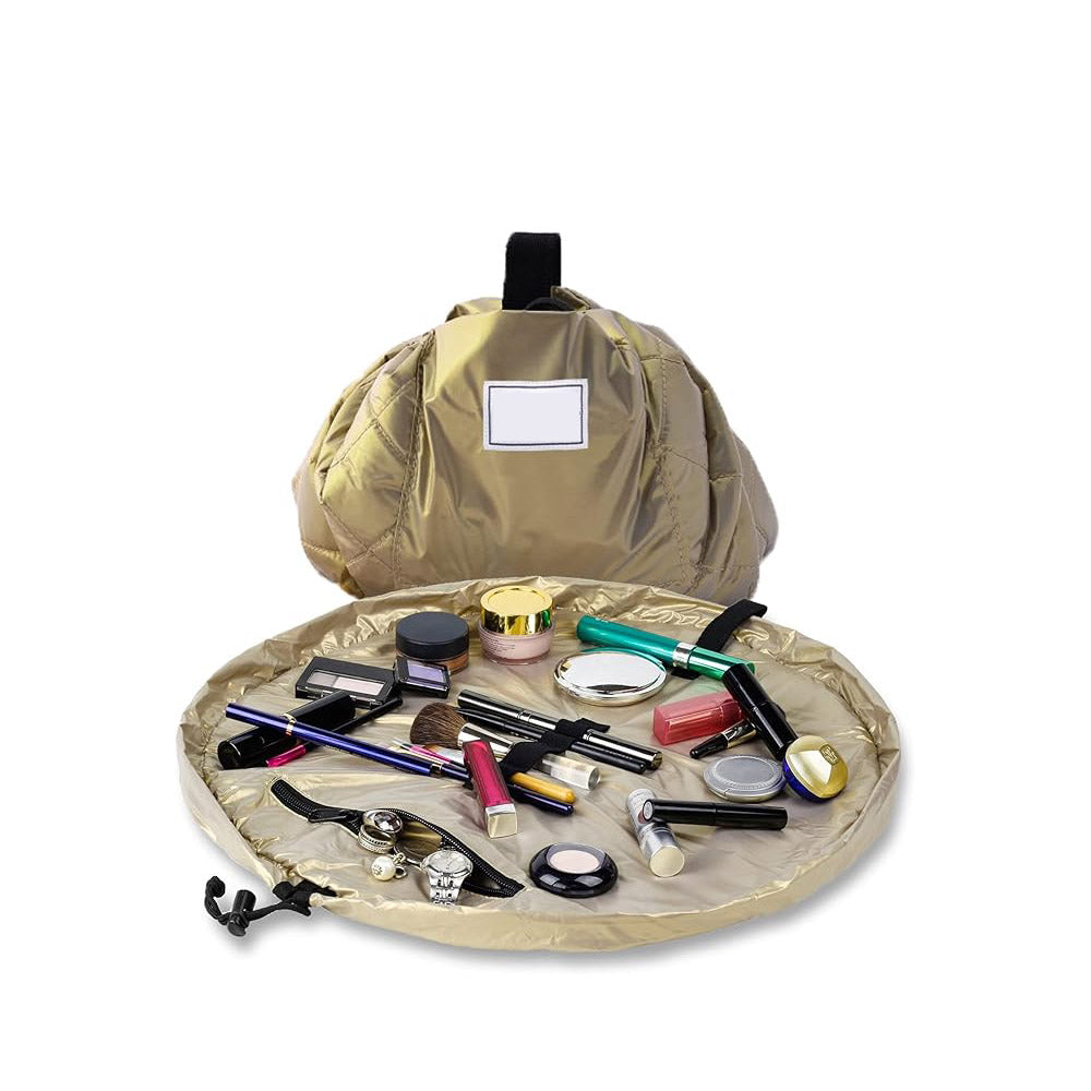 Layflat Drawstring Cosmetic &amp; Makeup Organizer — 16-Inch Multi-Layer Portable Travel Toiletry Bag (Machine Washable)