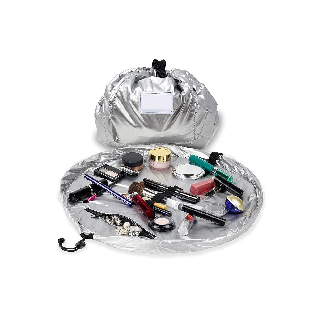 Layflat Drawstring Cosmetic &amp; Makeup Organizer — 16-Inch Multi-Layer Portable Travel Toiletry Bag (Machine Washable)