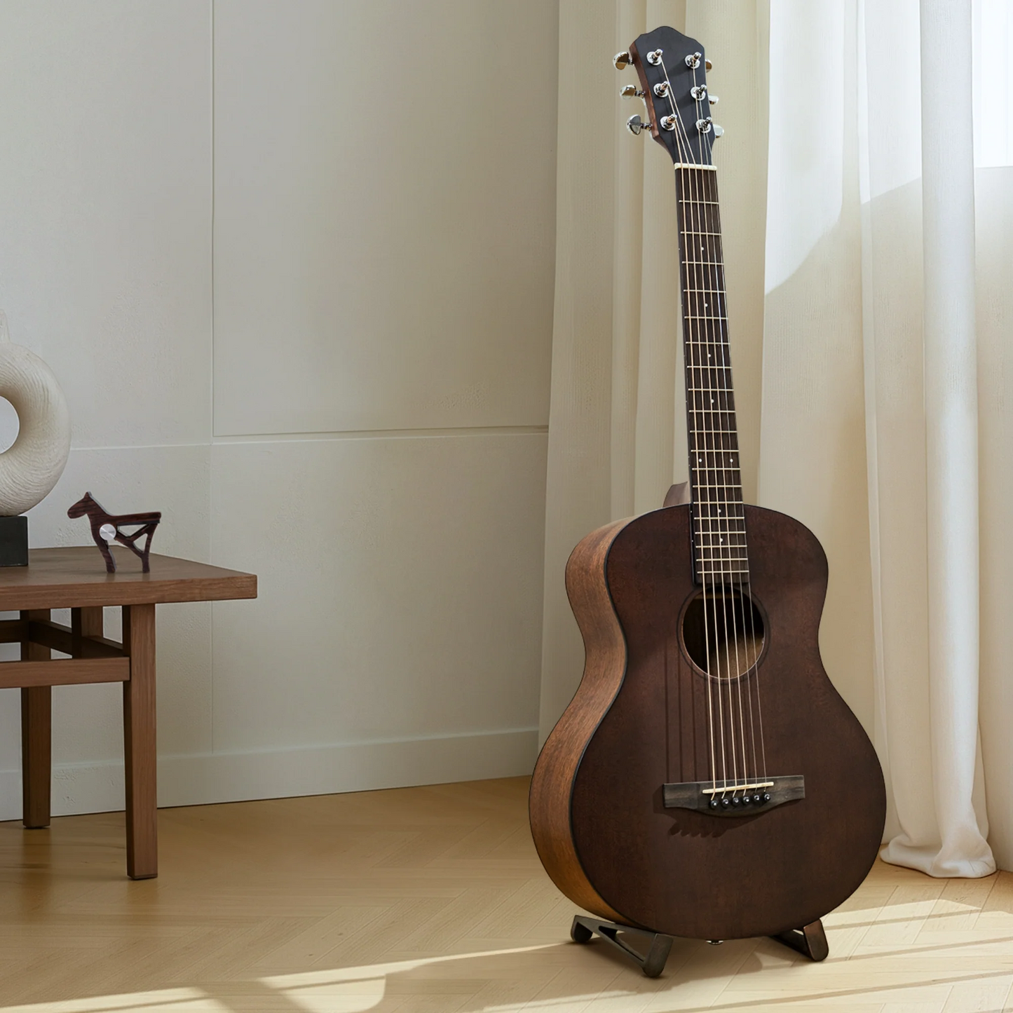 Self-Standing Compact Acoustic Guitar with Magnetic Stand Design