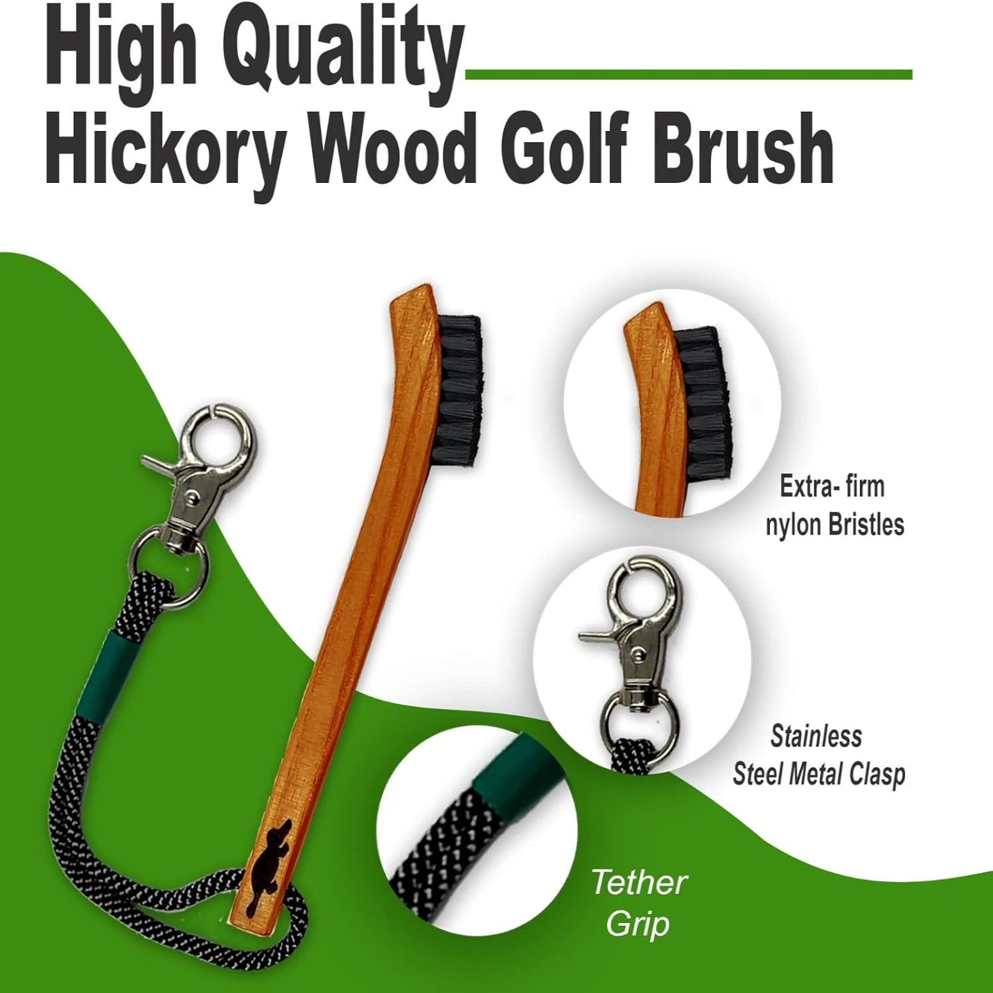 Hickory Wood Golf Club Brush &amp; Non-Slip Groove Cleaner — with Paracord Rope &amp; Stainless Steel Clip