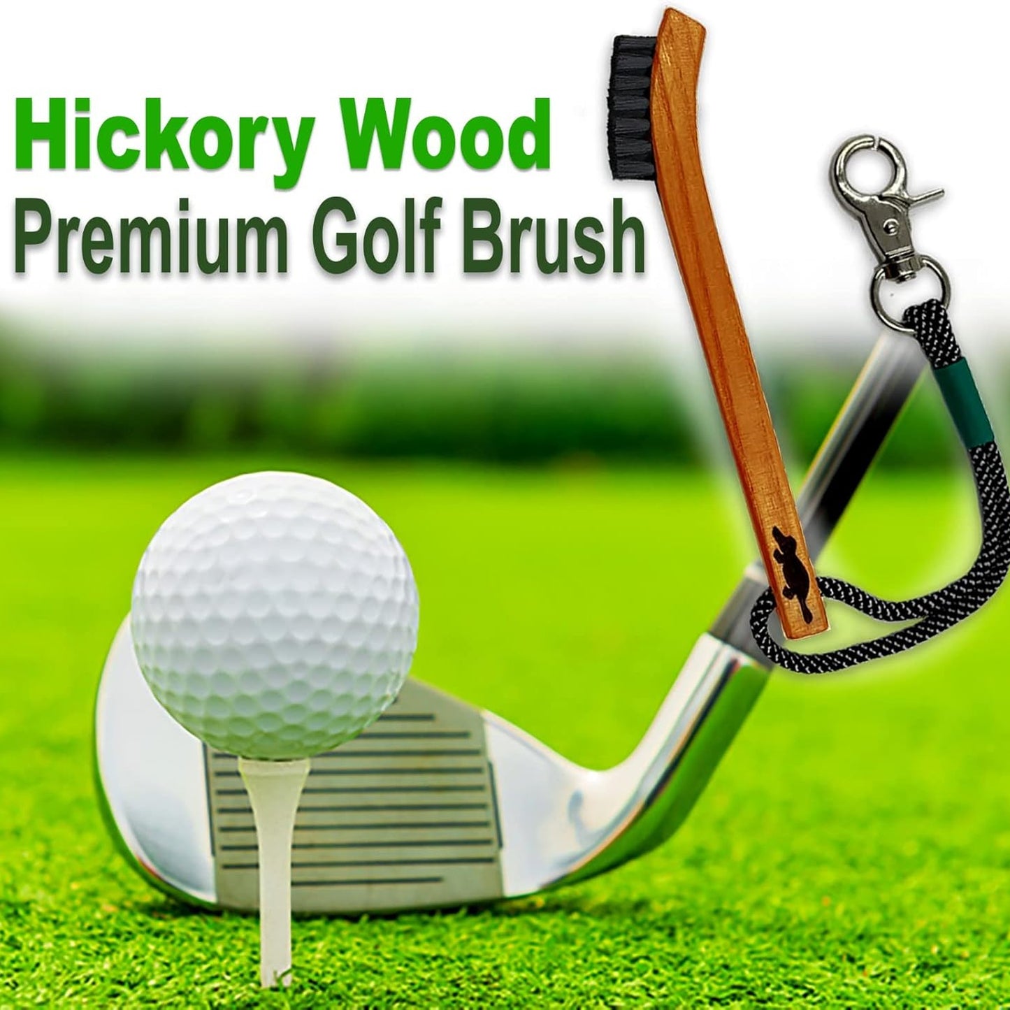 Hickory Wood Golf Club Brush &amp; Non-Slip Groove Cleaner — with Paracord Rope &amp; Stainless Steel Clip