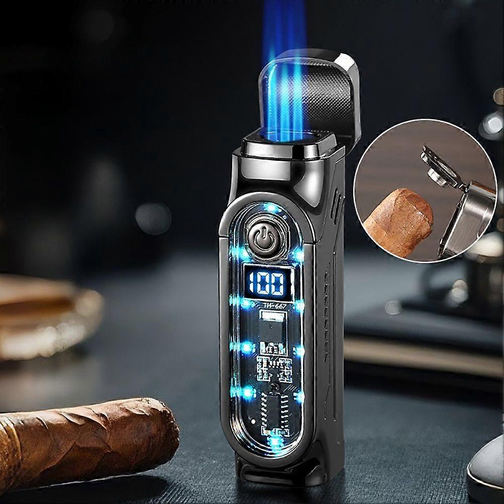 Triple Flame Lighter with Digital Display, Cigar Punch, LED Indicator, and Type-C Charging