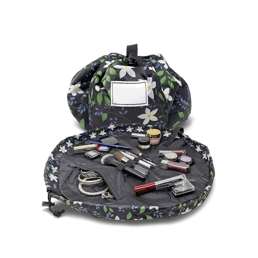 Layflat Drawstring Cosmetic &amp; Makeup Organizer — 16-Inch Multi-Layer Portable Travel Toiletry Bag (Machine Washable)