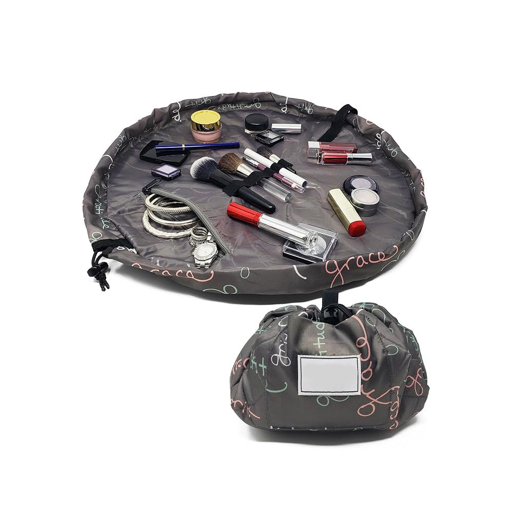 Layflat Drawstring Cosmetic &amp; Makeup Organizer — 16-Inch Multi-Layer Portable Travel Toiletry Bag (Machine Washable)