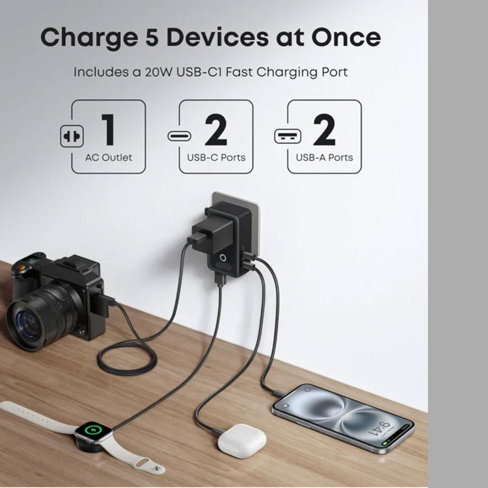 5-in-1 Nano Travel Adapter — EU/UK Plug, USB-C &amp; USB-A (Open Box Version)