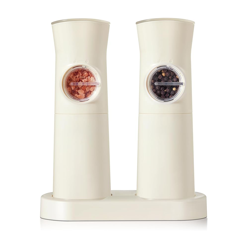 Rechargeable, automatic salt and pepper grinder set