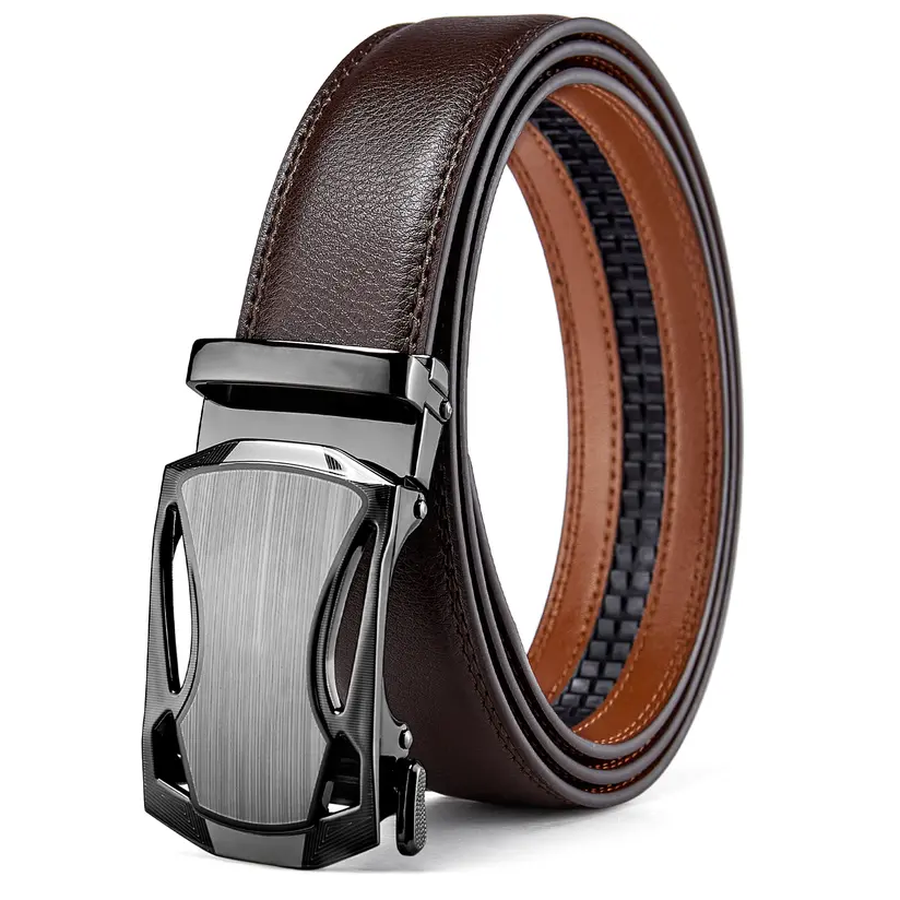Men's belt, genuine leather ratchet, easy-open design