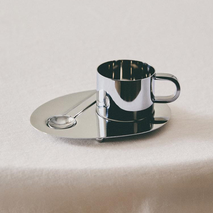 Steel Mug, Spoon, and Tray Set