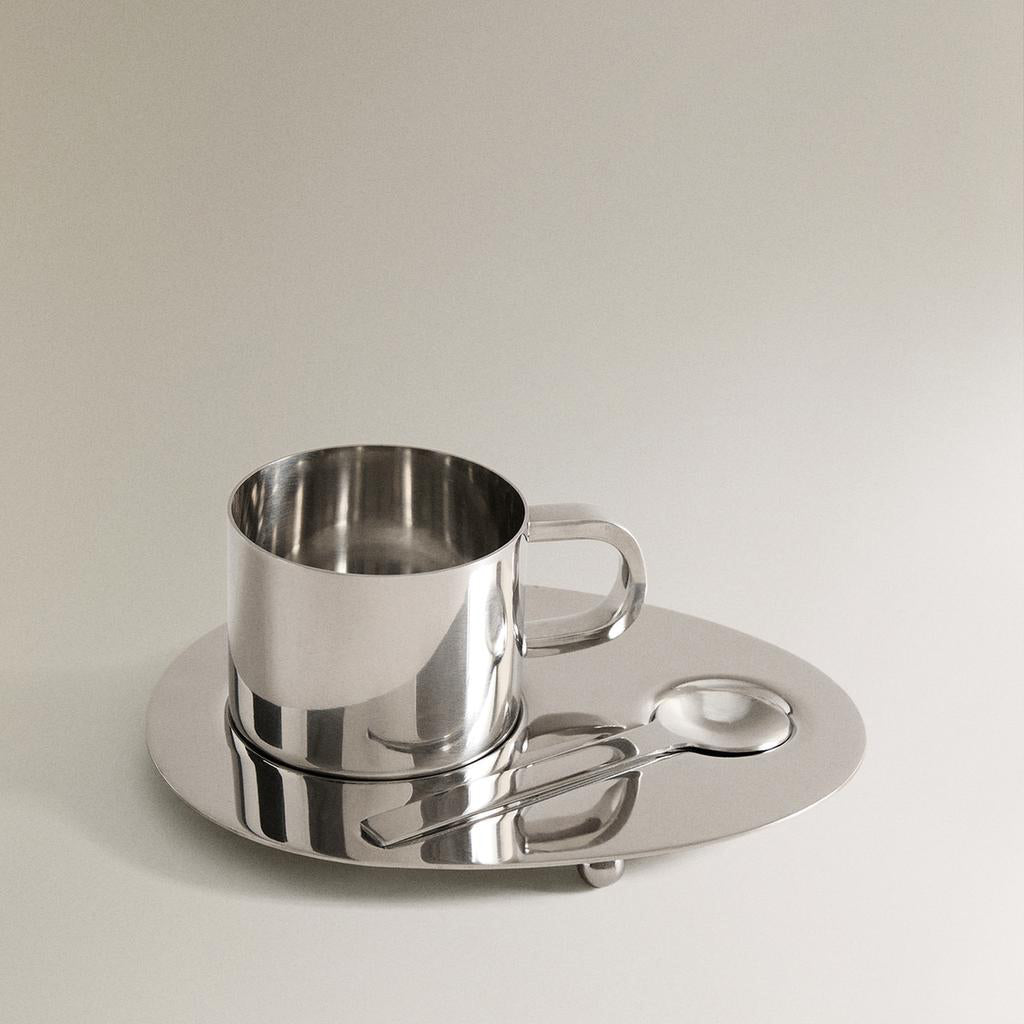 Steel Mug, Spoon, and Tray Set