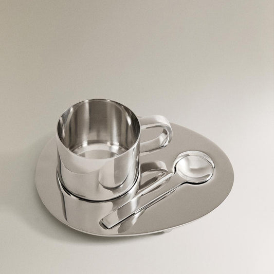 Steel Mug, Spoon, and Tray Set