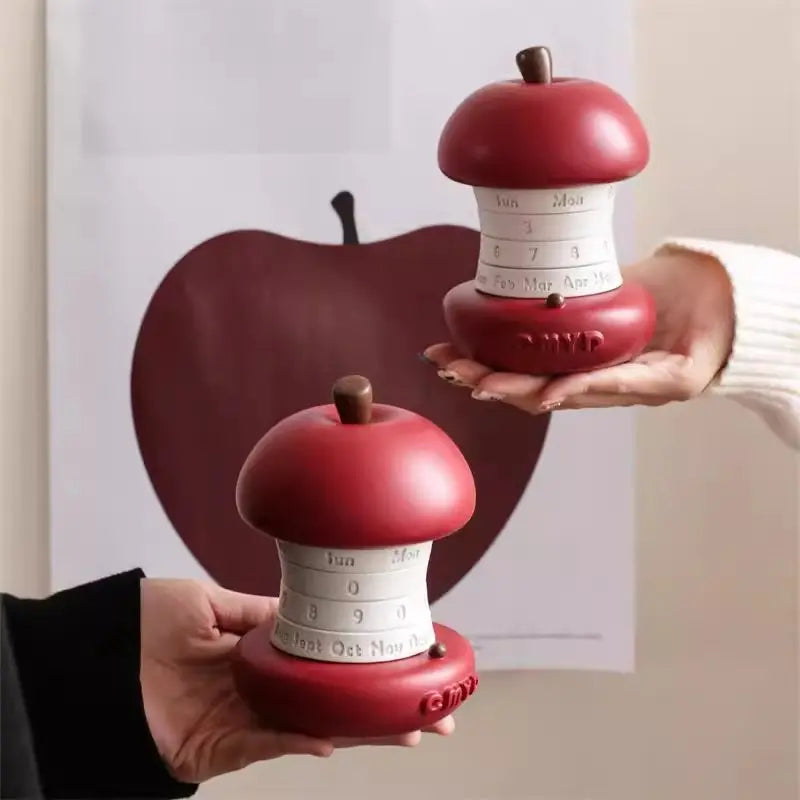 Apple-Shaped Rotating Calendar — Resin Continuous Weekly Desk Decor (Red)