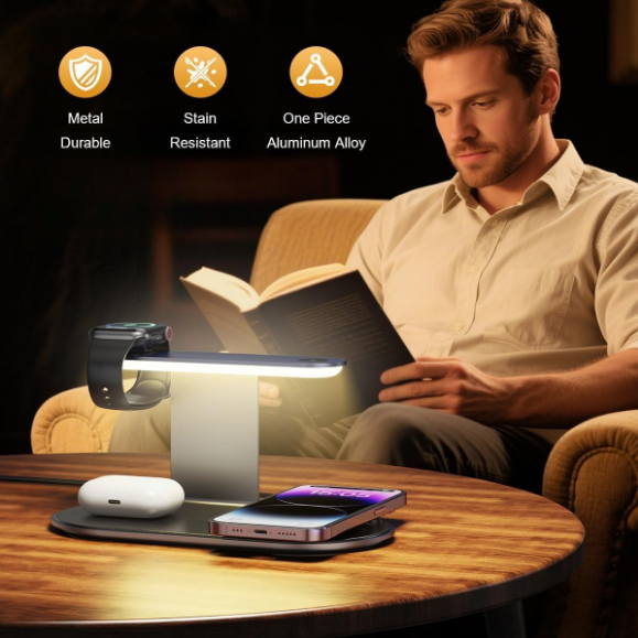 4-in-1 Wireless Charging Station with Alarm Clock & Night Light