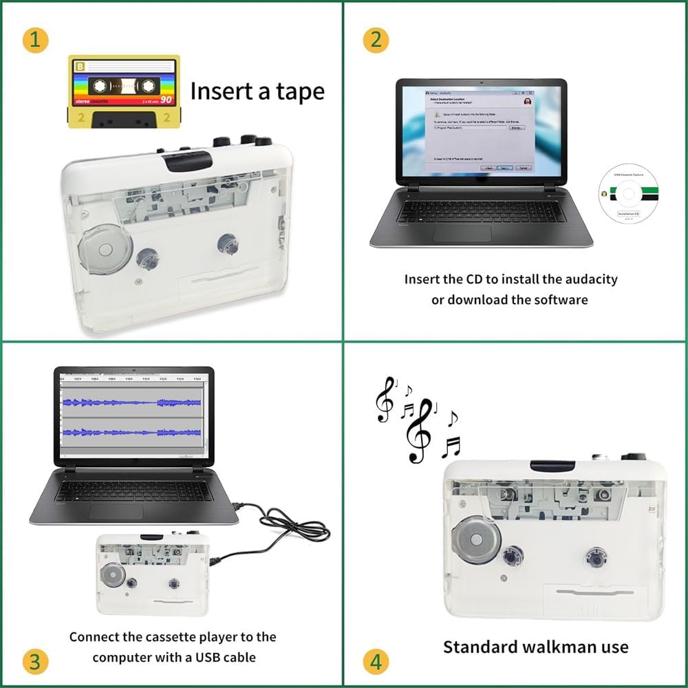 Portable Cassette Player – Transparent Design in White & Black