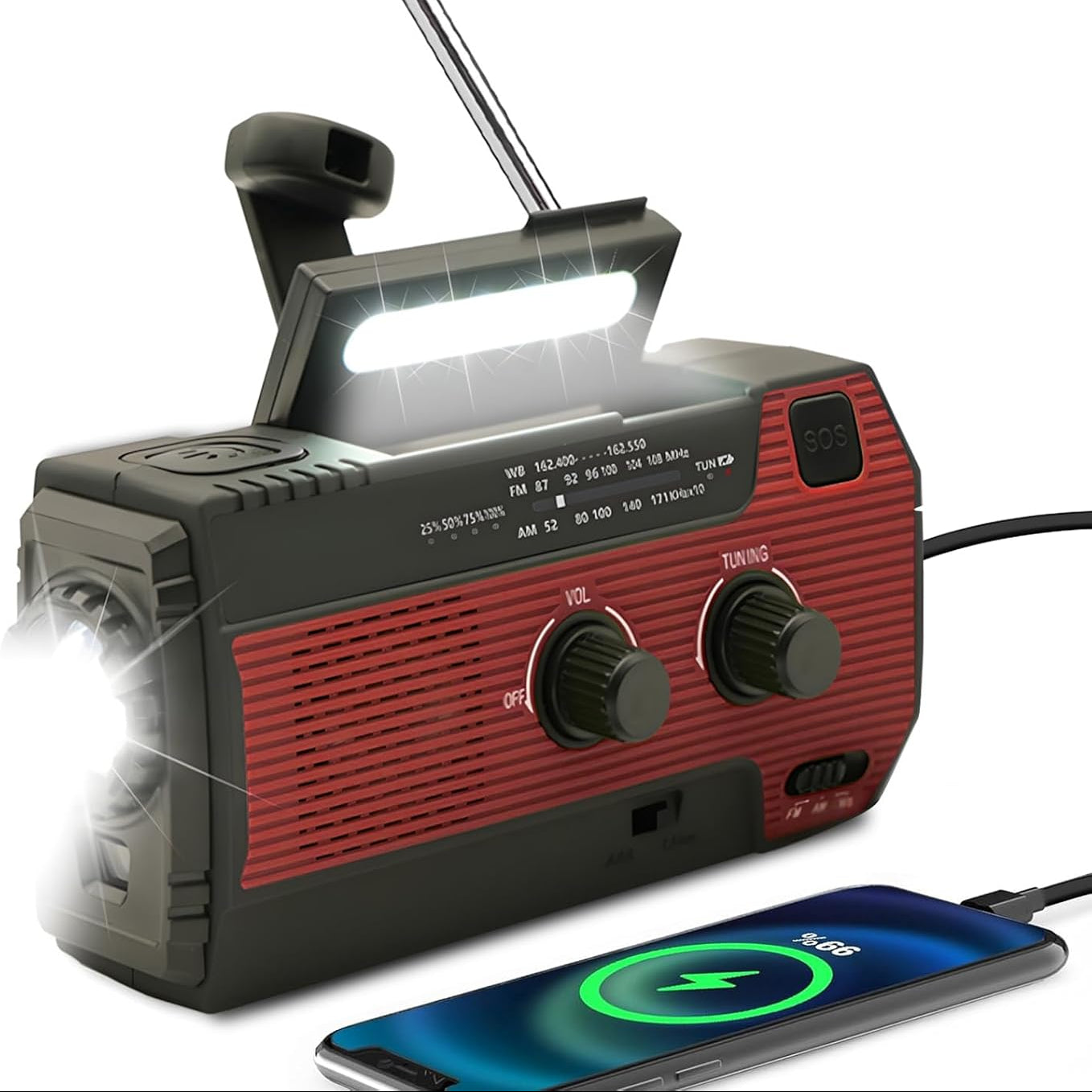 LED Flashlight Solar Radio Alarm Clock — 2000mAh Emergency Charging Portable AM/FM Radio