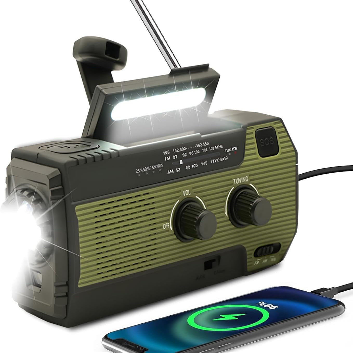 LED Flashlight Solar Radio Alarm Clock — 2000mAh Emergency Charging Portable AM/FM Radio