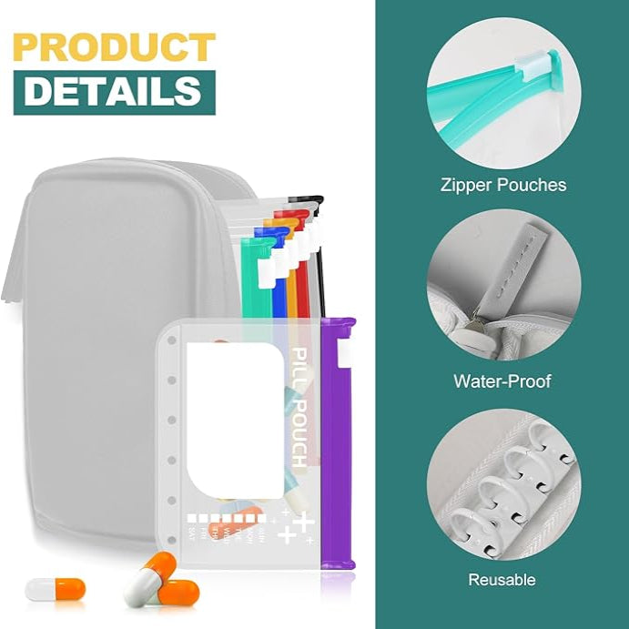 Waterproof Travel Pill Organizer with Color-Coded EVA Pouches