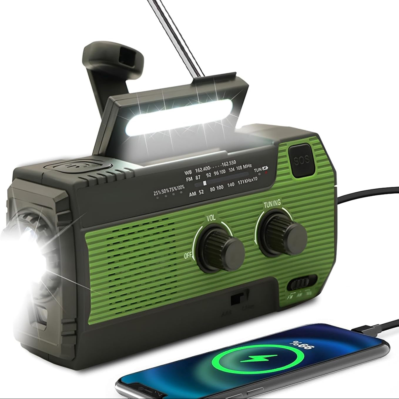 LED Flashlight Solar Radio Alarm Clock — 2000mAh Emergency Charging Portable AM/FM Radio