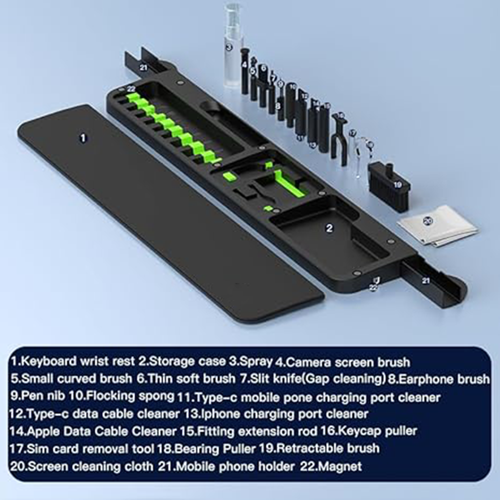 Non-slip keyboard wrist rest with 22-piece cleaning kit