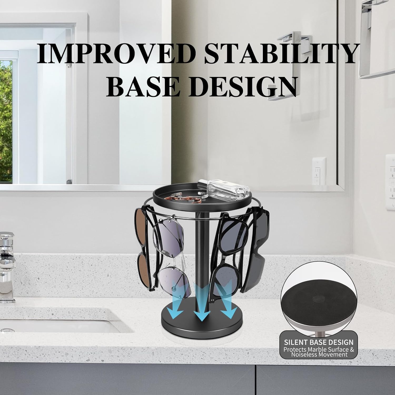 360° Rotating Sunglasses Organizer – Stainless Steel Glasses Stand with Tray