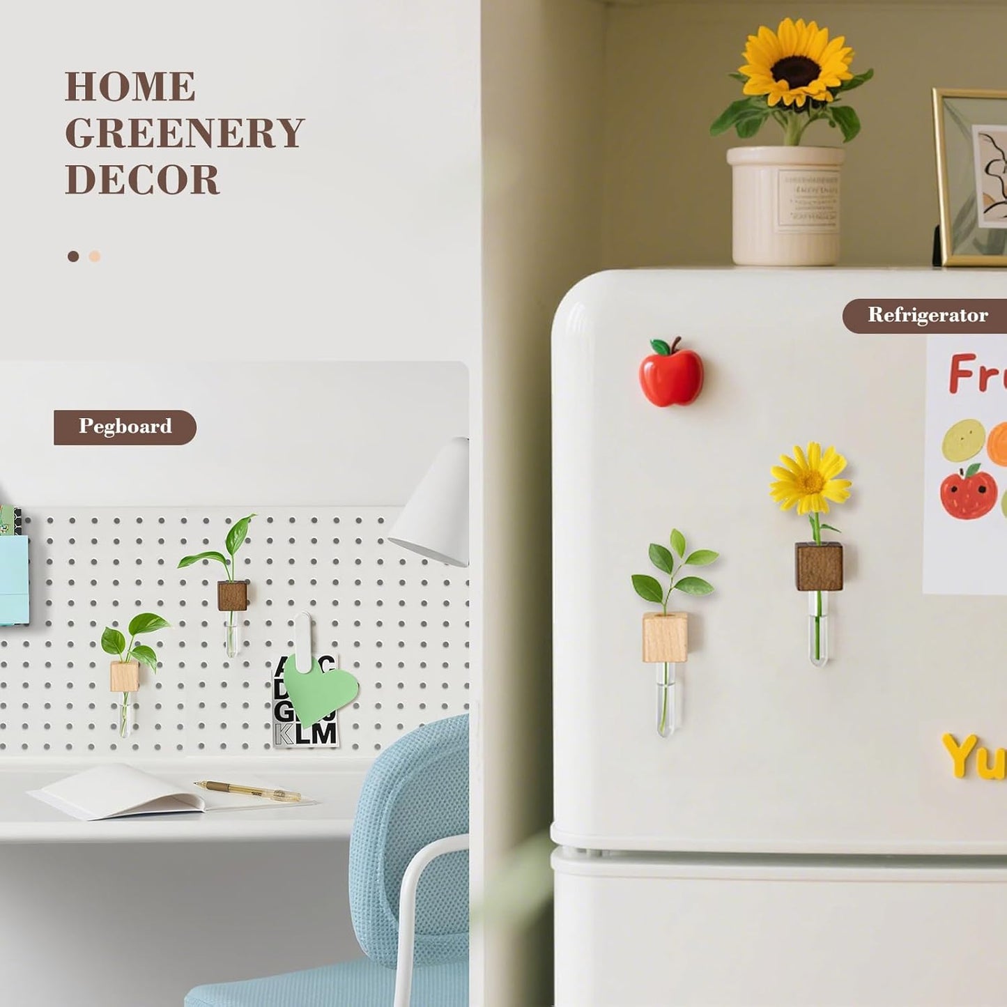 Magnetic Test Tube Vases for Refrigerator, Wooden Fridge Planters with Glass Tubes