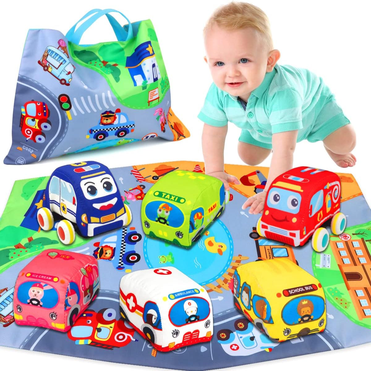 Baby Toys 6 to 12 Months – Soft Car Toys with Playmat Storage Bag
