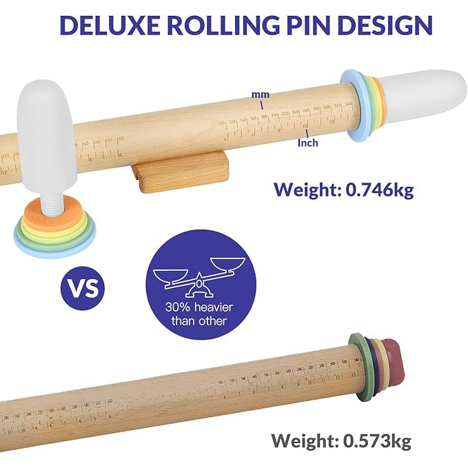 Adjustable wooden rolling pin with 5 thickness rings and a measuring guide