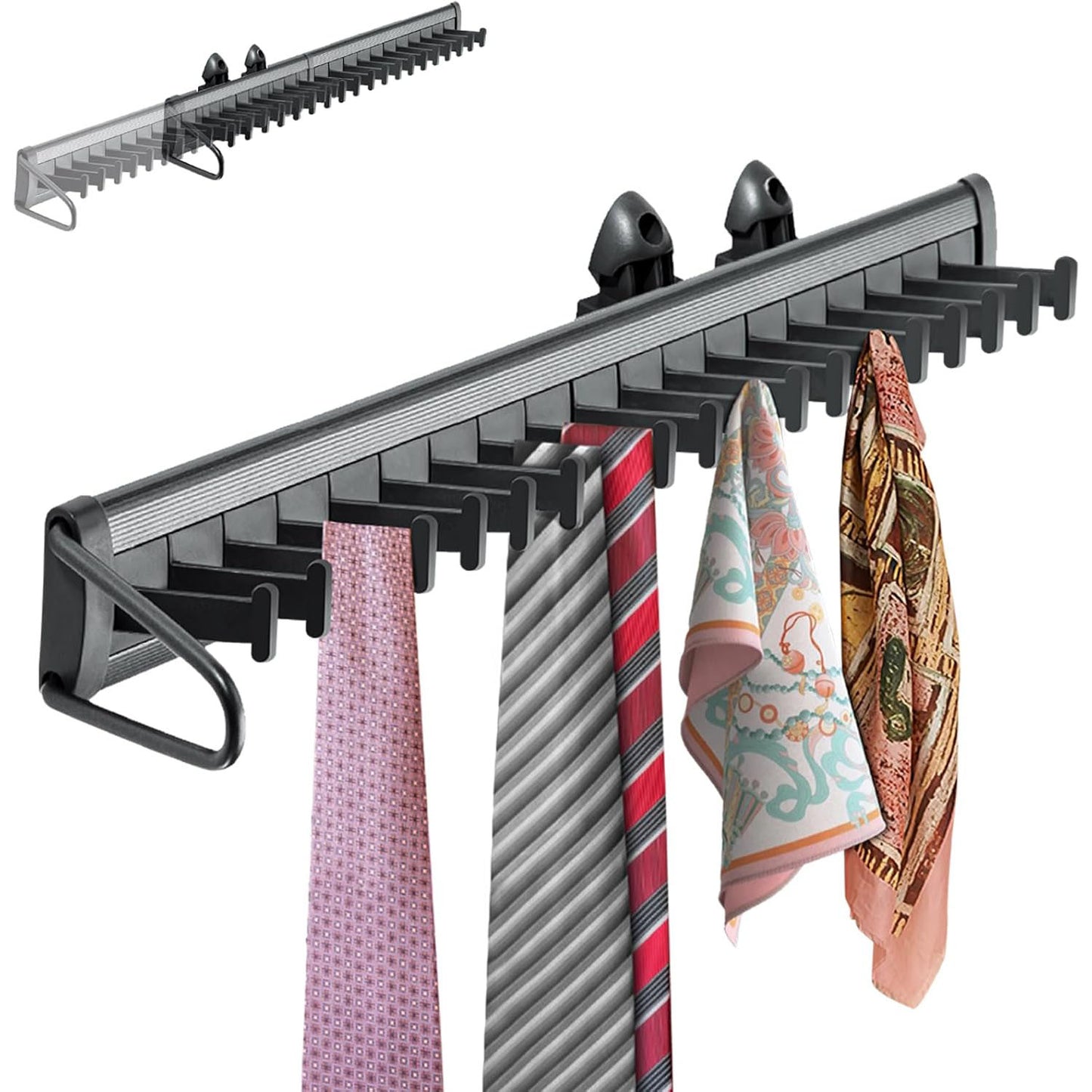 Sliding Tie Rack for Closet – Pull-Out Tie & Belt Organizer with 20 Hooks, Aluminum Alloy Side Mount