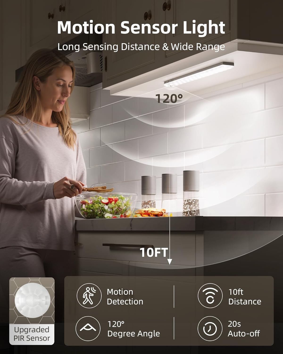 2000mAh Rechargeable Wireless Motion Sensor Light, 3 Color Temperatures, Dimmable, Timer