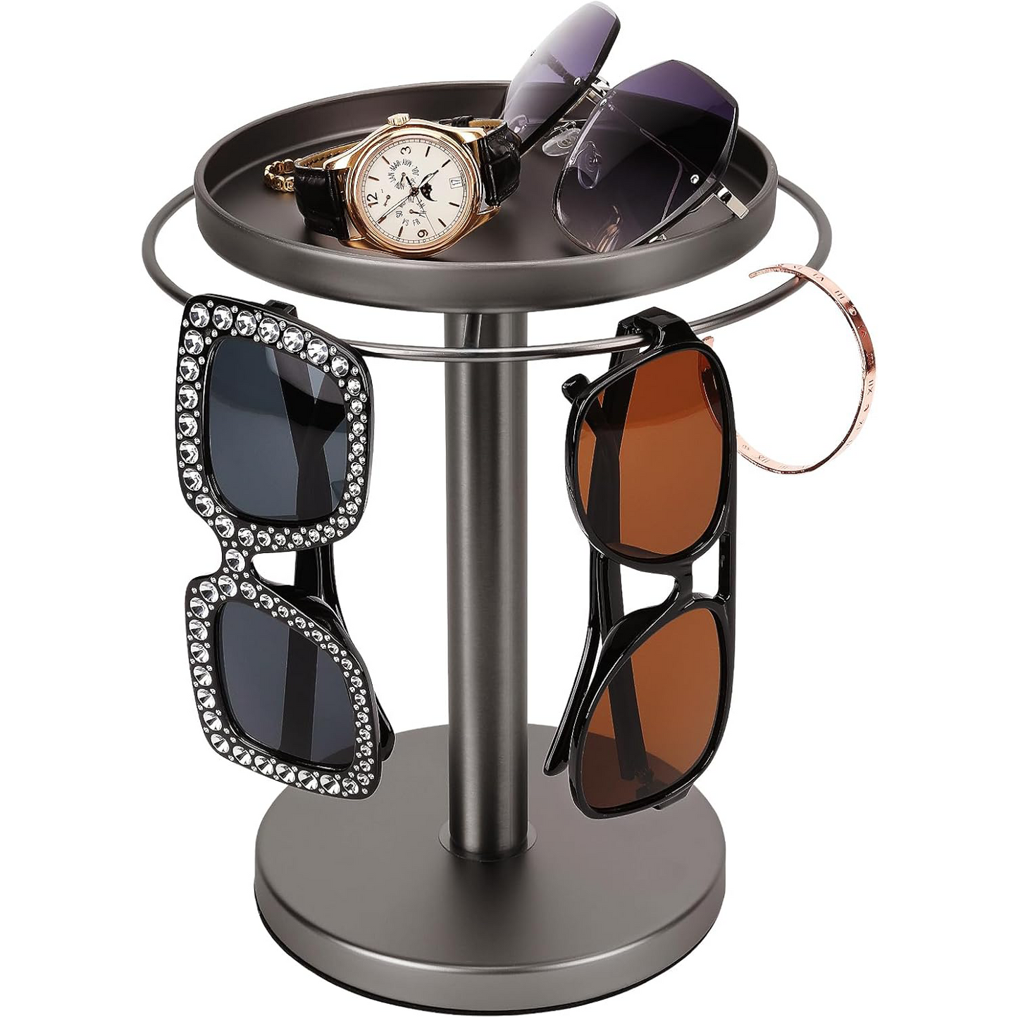 360° Rotating Sunglasses Organizer – Stainless Steel Glasses Stand with Tray