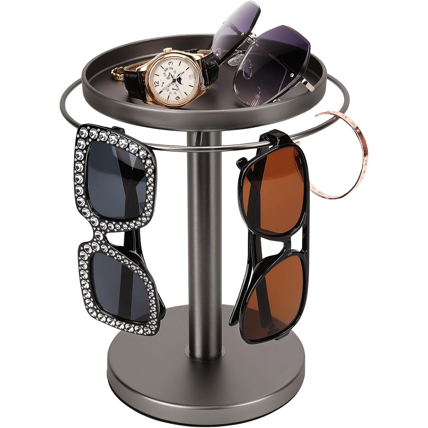 360° Rotating Sunglasses Organizer – Stainless Steel Glasses Stand with Tray