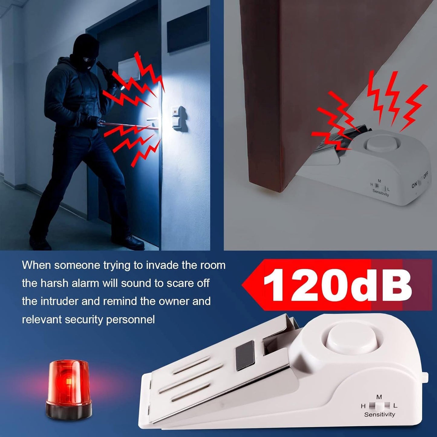 Door Stopper Alarm with Portable Lock, 120dB Travel Door Wedge Alarm, 3-Level Sensitivity