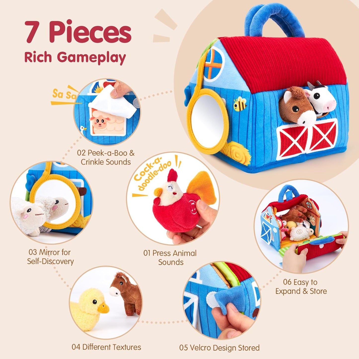 Surprise Barn - Sensory Toy for Babies 6-12 Months with Plush Farm Animals and Realistic Sounds