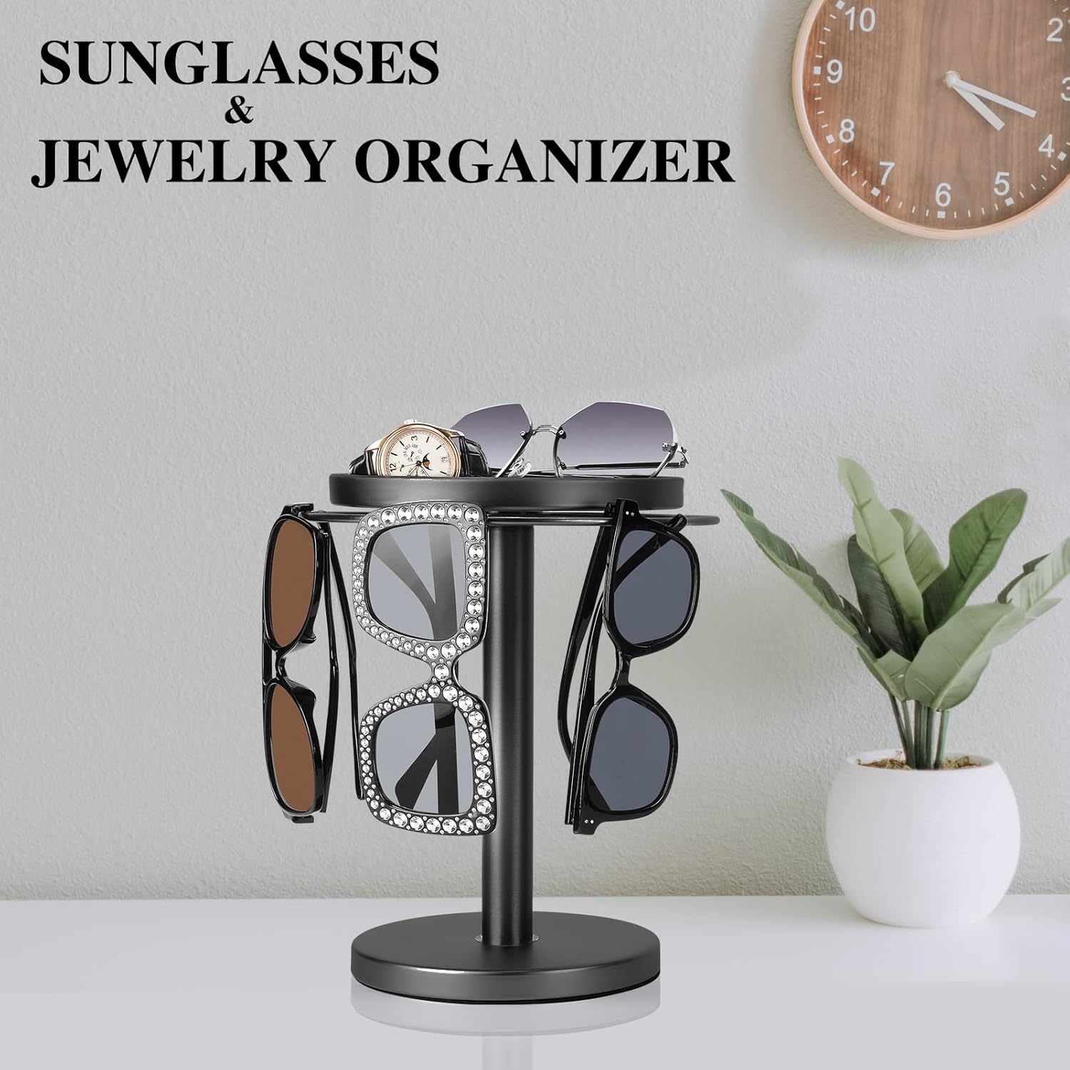 360° Rotating Sunglasses Organizer – Stainless Steel Glasses Stand with Tray
