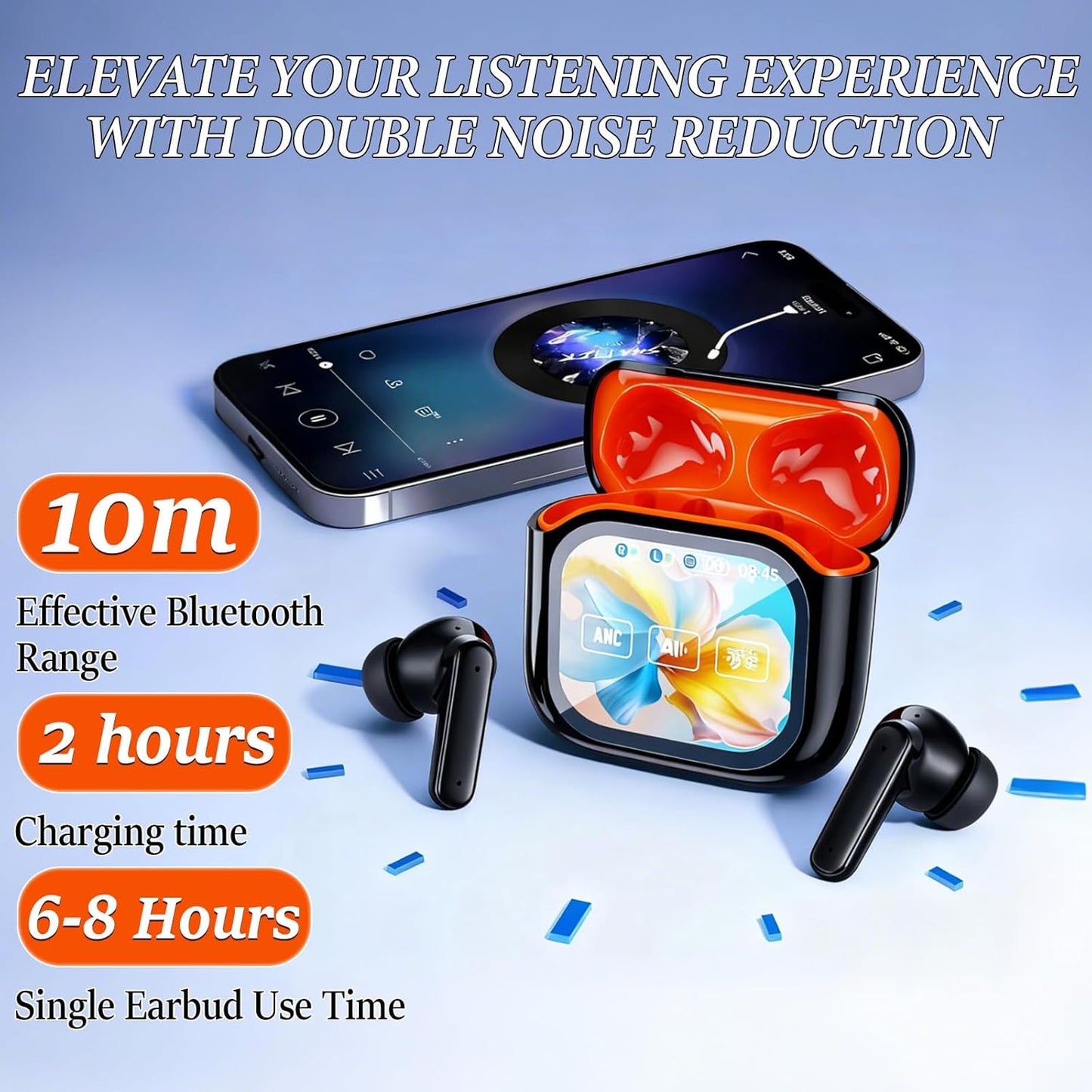 Real-Time Translation Earbuds — AI Smart Noise Cancelling Bluetooth 6.0 Touchscreen Earbuds (Black)