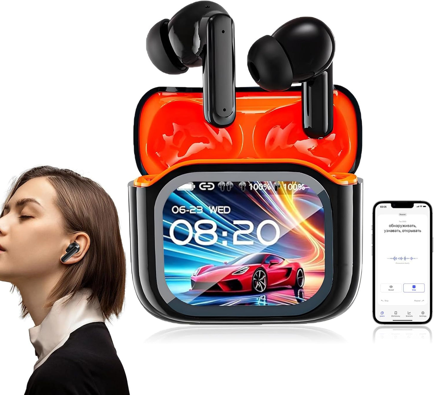 Real-Time Translation Earbuds — AI Smart Noise Cancelling Bluetooth 6.0 Touchscreen Earbuds (Black)