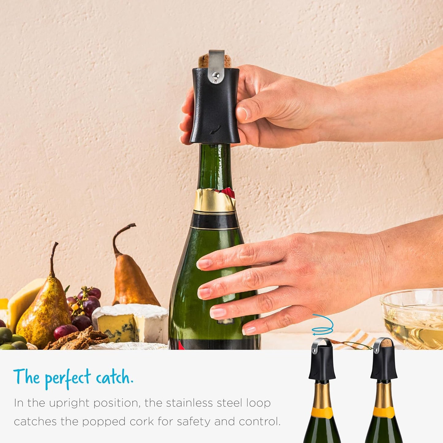 Safe, Fast, and Convenient Champagne Opener | Cork Popper & Catcher | Black