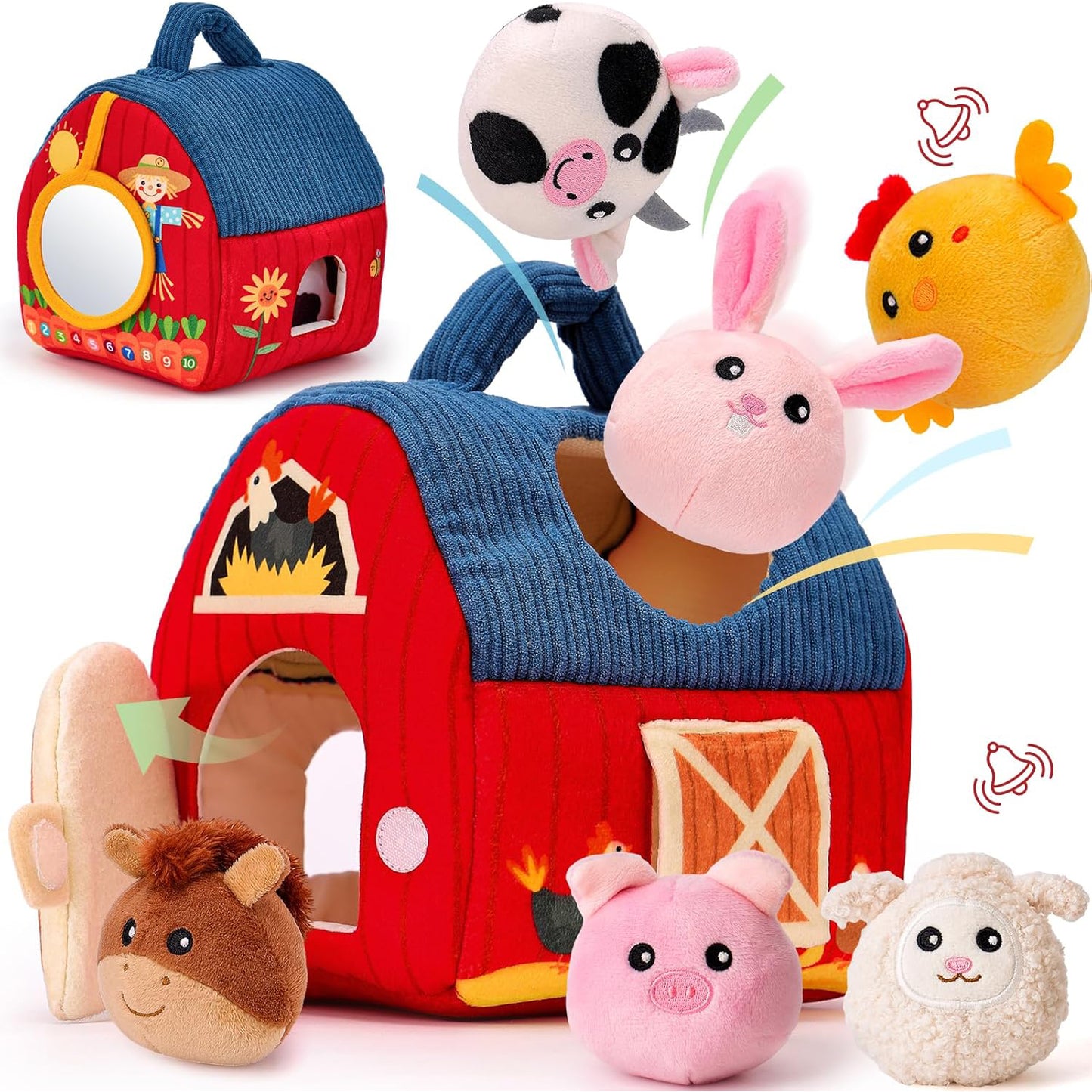 Baby Toy 6-12 Months - Surprise Barn Plush Farm Animals with Rattles, Crinkle Sounds, Mirror