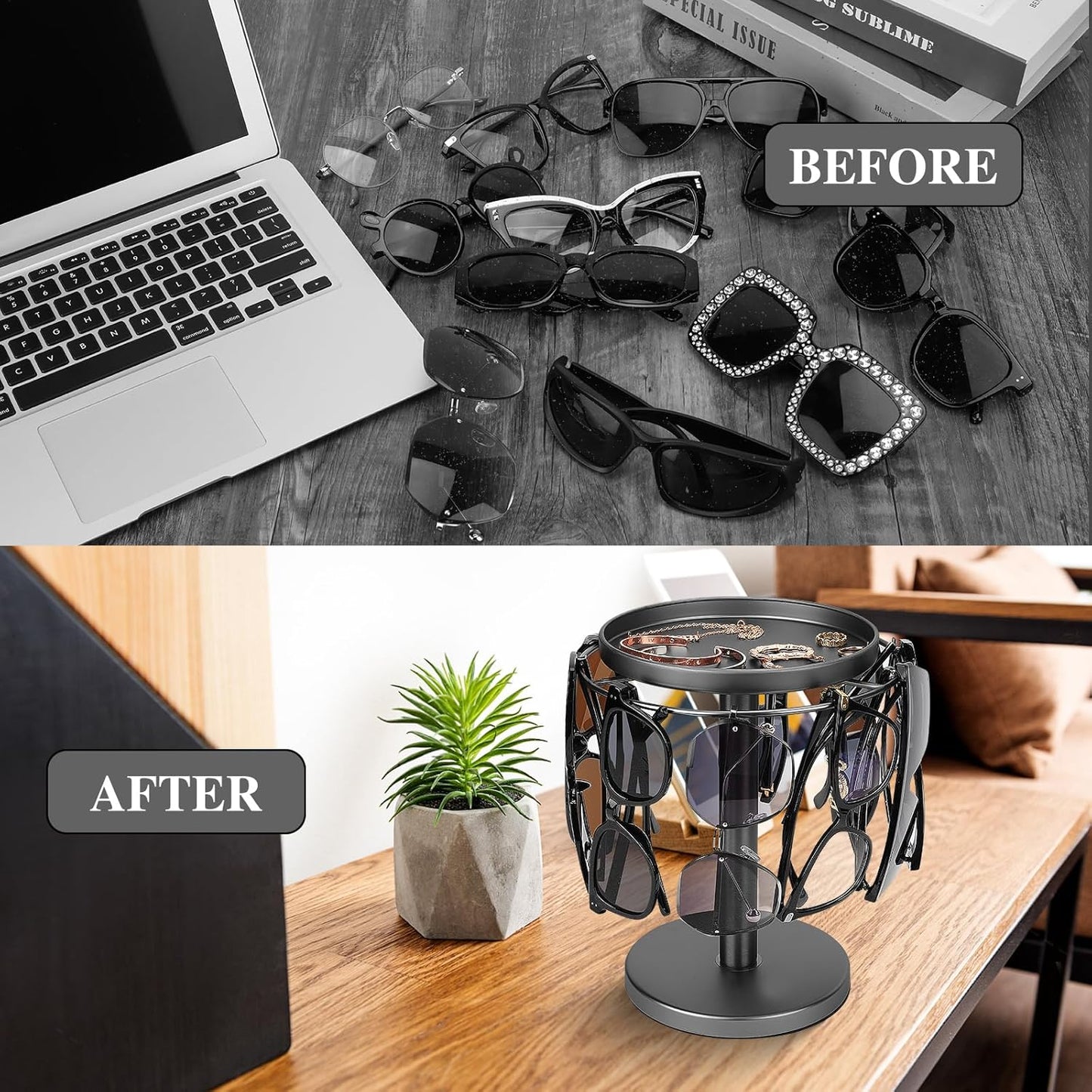 360° Rotating Sunglasses Organizer – Stainless Steel Glasses Stand with Tray