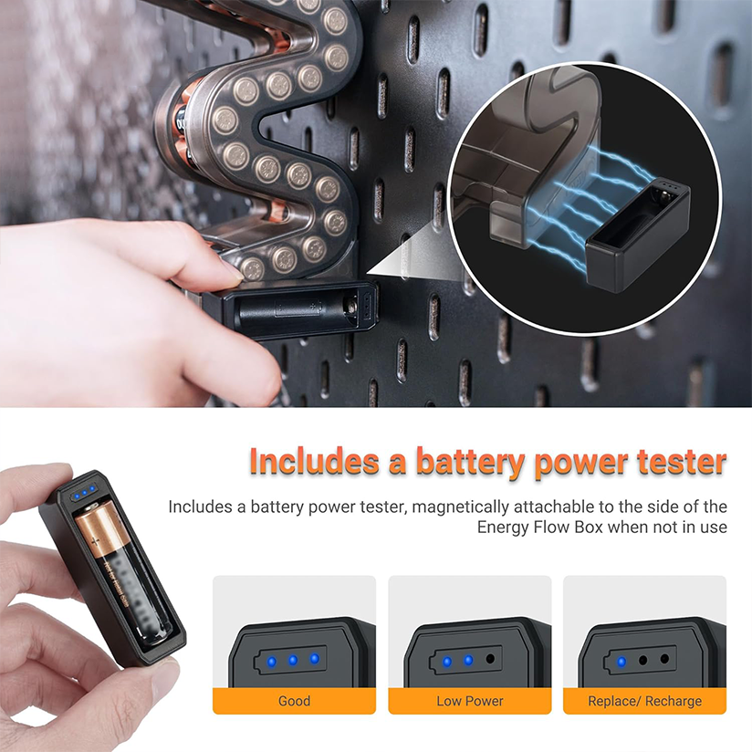 Magnetic battery tester and storage case suitable for AA and AAA batteries.